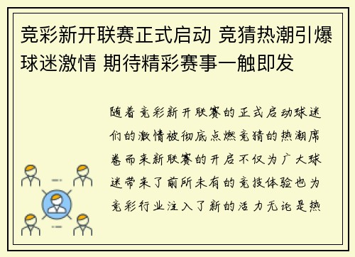 竞彩新开联赛正式启动 竞猜热潮引爆球迷激情 期待精彩赛事一触即发